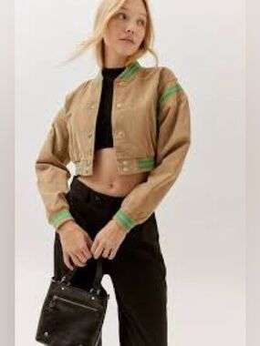 Urban Outfitters Cropped Tan Bomber Jacket with Green Trim